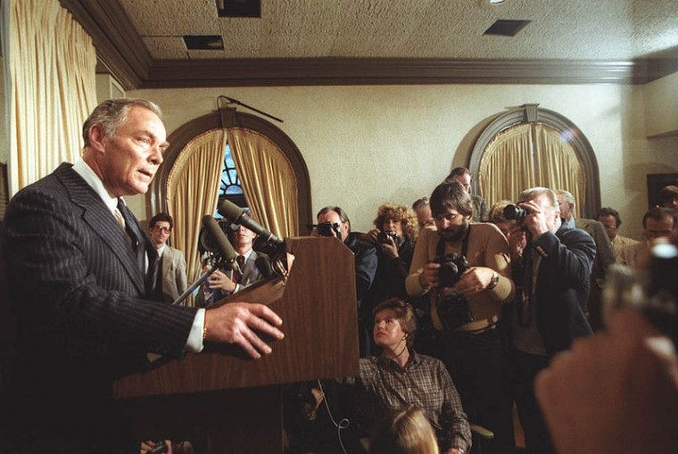 Al Haig, former Secretary of State, speaks to the press about President Ronald Reagans condition after being shot on March 30, 1981.