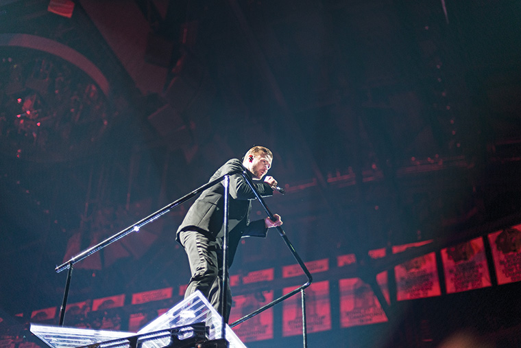 The stage moves Timberlake across the arena as he sets the beat with Let The Groove Get In.