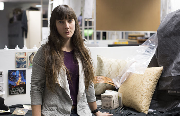 Valentina Vella, interdisciplinary arts + media graduate student, sits in her graduate studio at Conaway Center, 1104 S. Wabash Ave., after she was awarded the Professional-Development Fellowship.