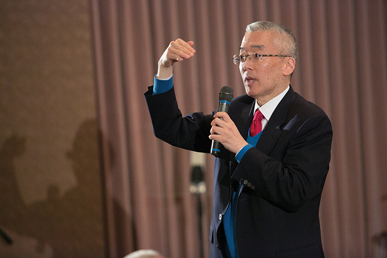 President Kwang-Wu Kim addresses students and faculty during his April 8 State of the College address.    
