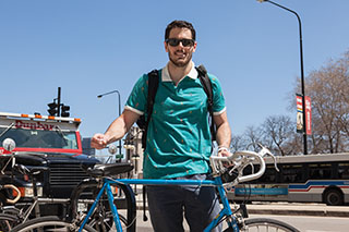 The Chicago network of Sustainability in Higher Education sponsored the first Bike2Campus Week April21-25. Students, including senior television major Emmett Lorenz, participated by biking to class. 