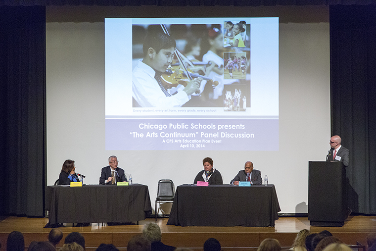 President Kwang-Wu Kim participates in Chicago Public schools’ “Arts Continuum” panel April 10 along with Barbara Byrd-Bennett (far left), CEO of CPS. 