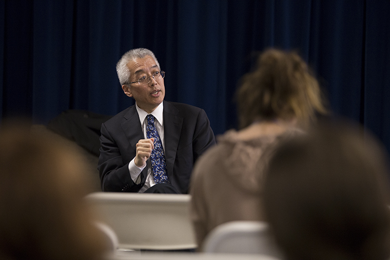 President Kwang-Wu Kim answered students’ questions at the fourth and final Coffee With the President forum of the academic year. The Student Govern- ment Association hosted the series to allow for students to voice their opinions and concerns directly to the president. 