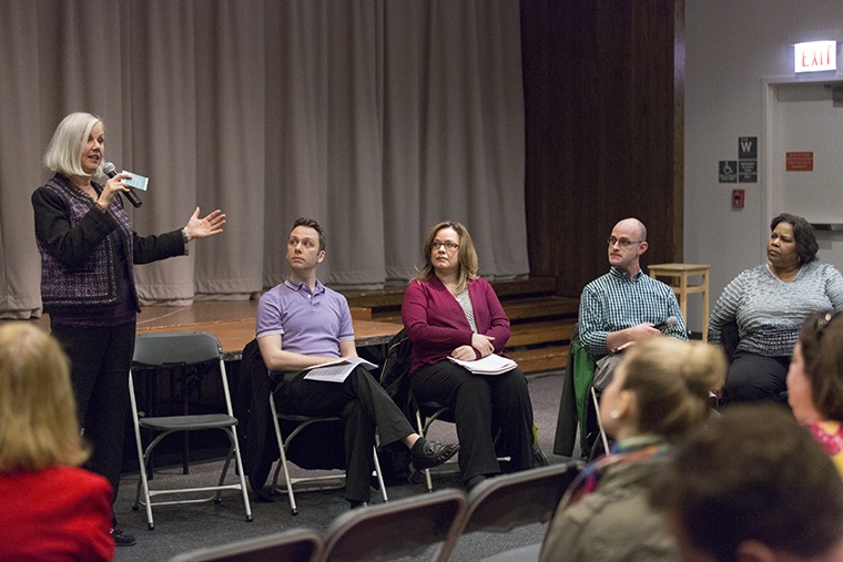 (Far left) Martha Meegan, director of Campus Safety & Security, and other administrators host the Sexual Assault Resource Panel April 30 in Stage Two of the 618 S. Michigan Ave. Building to discuss the college’s procedures for handling sexual assault cases and making resources available to victims.