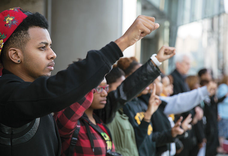 Bernard Mull Jr., a sophomore art + design major, took part in a Sept. 16 demonstration sponsored by the college’s Black Student Union to protest the Aug. 9 shooting of Michael Brown at the hands of the police in Ferguson, Missouri. The protest, which took place outside of the 618 S. Michigan Ave. Building, drew more than 100 people.
