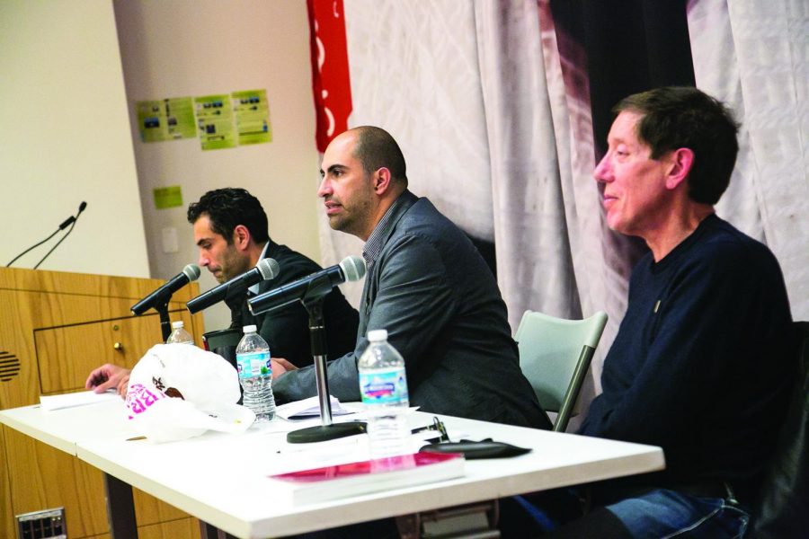 (Left to right) Iymen Chehade, Steven Salaita and Peter KIrstein answer questions from the audience after giving individual speeches during an Oct. 8 panel on academic freedom at Ferguson Hall, 600 S. Michigan Ave.