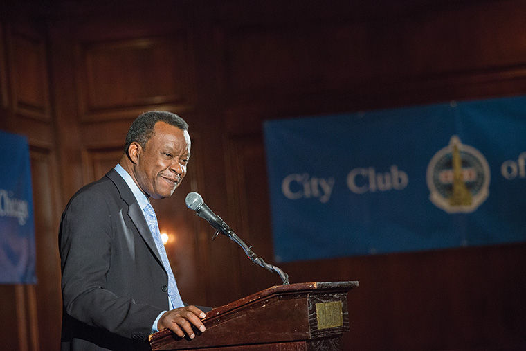 Mayoral candidate Willie Wilson spoke to supporters during a luncheon at Maggiano’s Banquets, 111 W. Grand Ave.