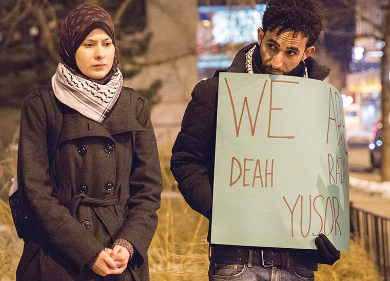 Dania Mukahhal, a senior art + design major, and Ahmed Hamad, a 2014 alum, came together to hold a vigil with citizens and students on Feb. 11, at the Sculpture Garden, on the corner of South Wabash Avenue and 11th Street, after news of the brutal shooting that killed three Muslim students.