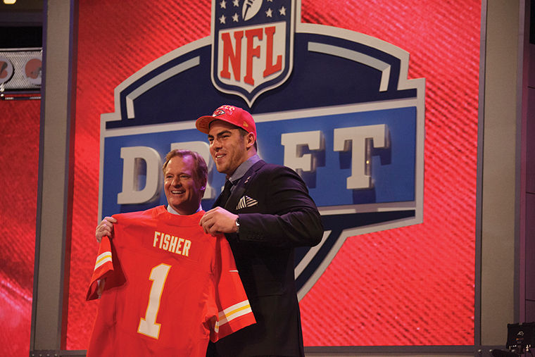 Eric Fisher, offensive tackle from Central Michigan, poses for a photo with NFL commissioner Roger Goodell during the 78th National Football League Draft at Radio City Music Hall in New York, Thursday, April 25, 2013. The Kansas City Chiefs, who had the 1st pick in the draft, chose Fisher. (Chris Szagola/Cal Sport Media via Zuma Press/MCT)
