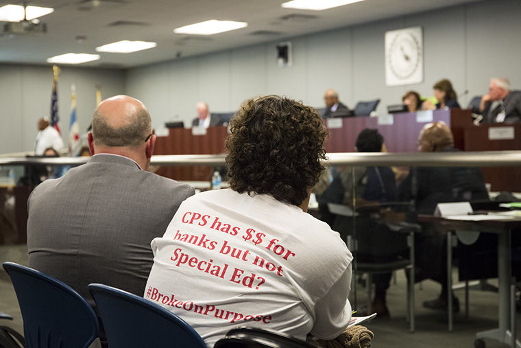 Many attended the Board of Education meeting held at CPS Loop Office to support special education following recent budget cuts.