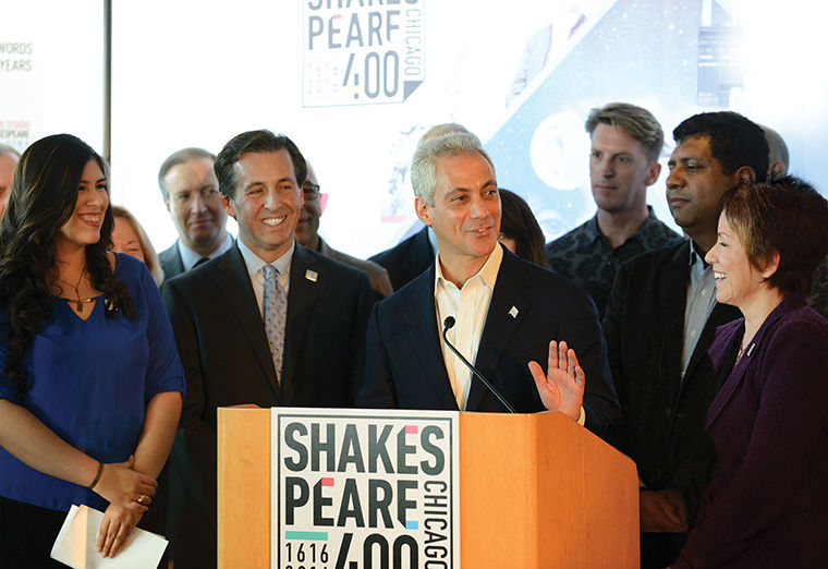 Mayor Rahm Emanuel, flanked by Chicago Public Schools student Jennifer Gonzalez, Chicago Shakespeare Theater executive director Criss Henderson and artistic director Barbara Gaines, announced Shakespeare 400 Chicago at a Nov. 13 press conference.