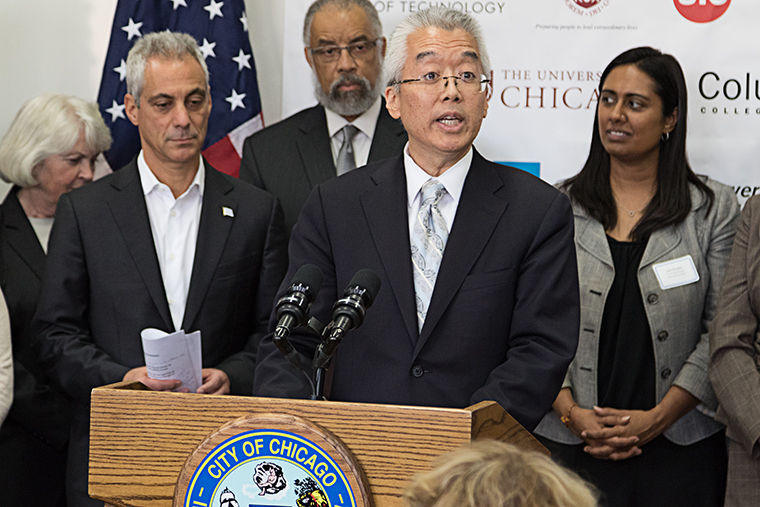 Mayor+Rahm+Emanuel+announced+Nov.+5+at+Malcolm+X+College%2C+1900+W.+Van+Buren+St.%2C+that+five+additional+colleges%2C+including+Columbia%2C+will+join+the+Chicago+Stars+partnership%2C+a+commitment+to+providing+scholarships+to+Chicago+Star+scholars.