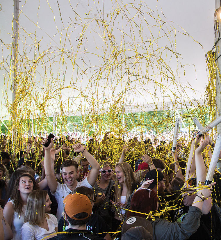 Incoming students enjoy Columbias Convocation Sept. 2 where Singer Rahkii performed her song Beautiful. By the end of her song, Orientation leaders surprised students with gold confetti.
