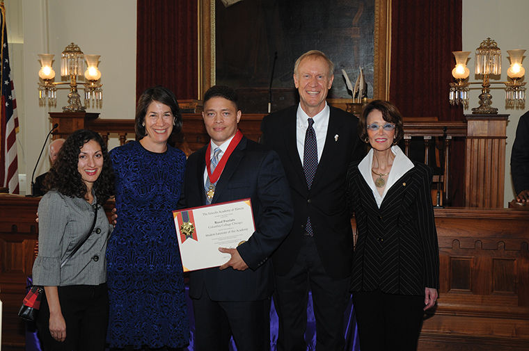 Rasul Freelain, senior Audio Arts & Acoustics major, received the student laureate title at a ceremony in Springfield from the Lincoln Academy of Illinois.  