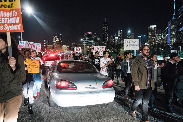 In response to the election of Donald Trump, thousands of protesters took to the street Nov. 9. The protest shut down major streets in the Loop during rush hour and late into the night.