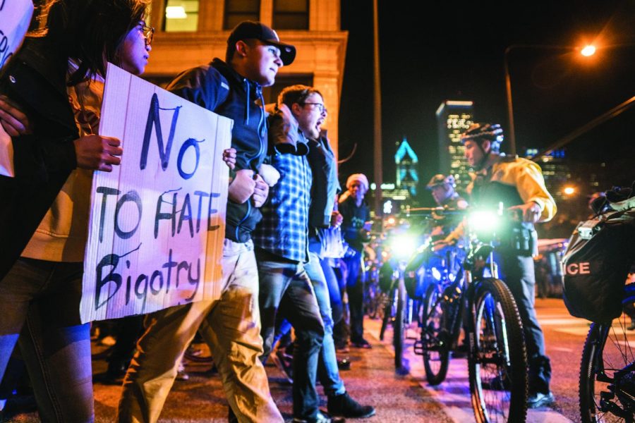 Protests lasted into the early hours of Nov. 10 and continued that evening with hundreds marching downtown shouting, “We reject the president-elect,” and other expressions of concern. 