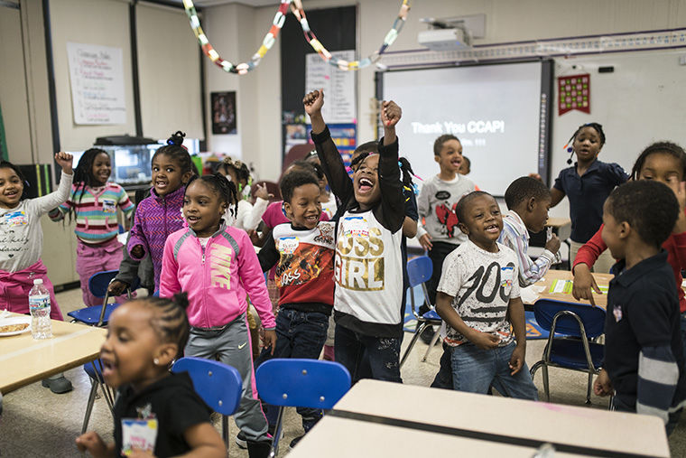 The Giving Tree, sponsored by Columbia’s Center for Community Arts Partnership and Library, donated school and art supplies to Adam Jimenez’s kindergarten class at Mahalia Jackson Elementary in Auburn Gresham.