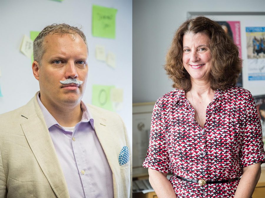Mary Filice (right), new chair of the Business and Entrepreneurship Department and Duncan MacKenzie (left), new chair of the Art and Art History Department were appointed May 9 and have since been working to further improve programs in their departments. 