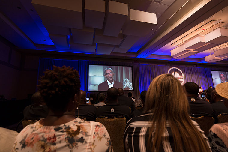 Former President Barack Obama joined the panel live via Skype where he discusses his ambitions for the Presidential Center and answered audience member questions.