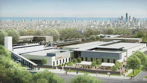 A mock up depicts the $32 million food and beverage incubator that is coming to East Garfield Park next year called the Hatchery Chicago. 