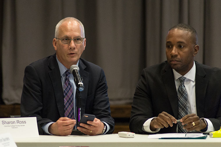 Provost Stan Wearden, along with CFO Jerry Tarrer, speaks at the Faculty Senate on Friday; Oct. 13. Wearden emphasized communication, and also addressed enrollment changes, curricular reform, among other things. 618 S. Michigan; Ave.