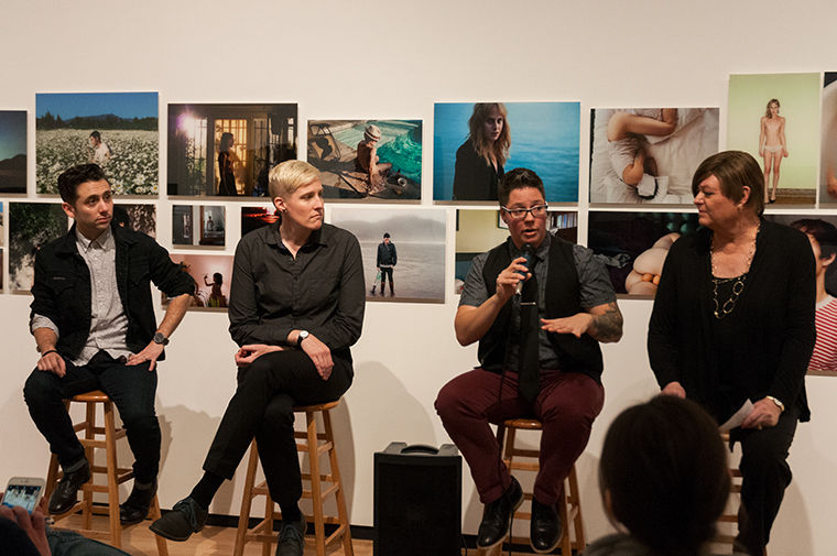 (from far left) Lorenzo Triburgo, Dr. Vanessa Fabbre and Jess T. Dugan, with moderator Vanessa Sheridan, discussed vunerability in the older LGBTQ community using Tribugos and Dugans exhibition Disruptive Perspectives as a discussion topic at the Museum of Contemporary Photography, 600 S. Michigan, on Nov. 15.