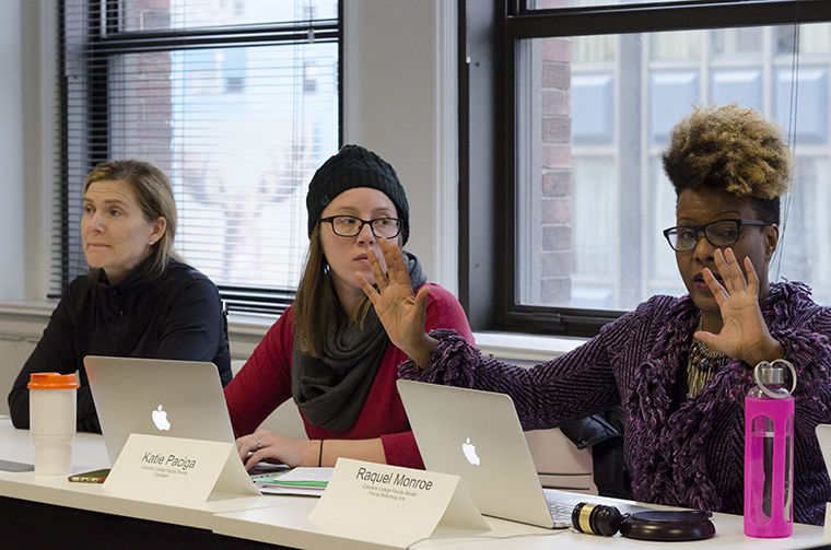 Faculty Senate President Raquel Monroe addresses members on the fourth floor of 600 S. Michigan Ave. during the Nov. 10 meeting.