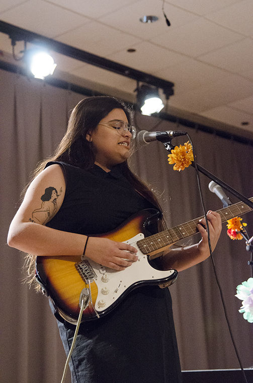 Nev Rosales, sophomore audio arts and acoustics major, performs her new musical and video performance Sweet Peaches at the Latino Alliance Día de los Muertos event, 618 S. Michigan Ave., Oct. 27.