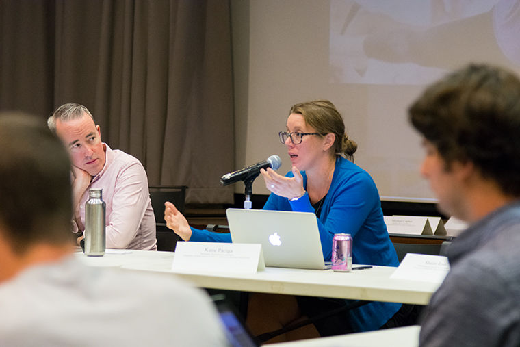 Katie Paciga, Executive Committee Secretary and Associate Professor in the Education Department, speaks at the Aug. 24 Faculty Senate meeting at 618 S. Michigan Ave.