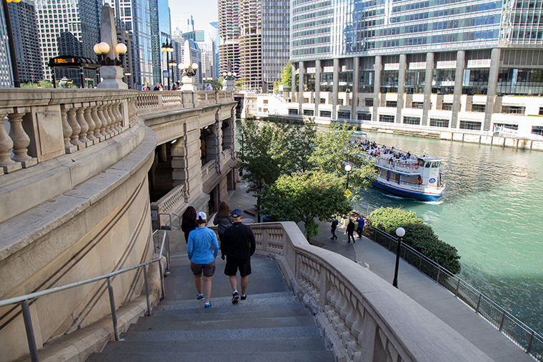 The Chicago Riverwalk is home to shops, cafes, fountains, tour boats and artwork. 