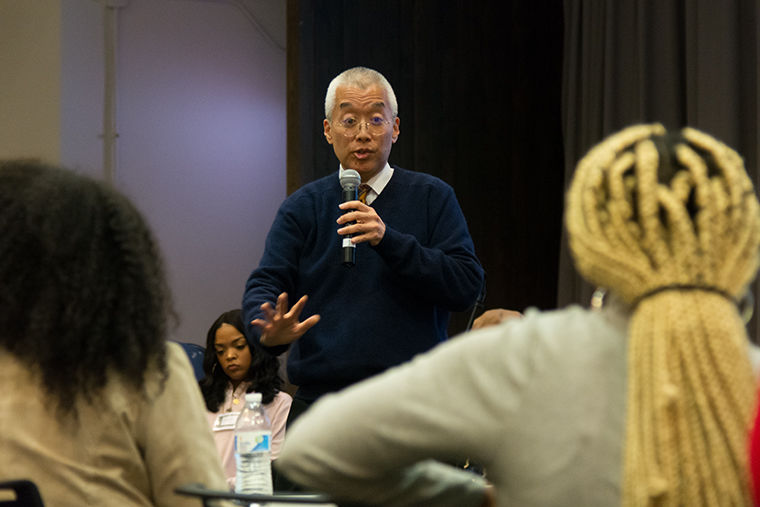 Columbia President and CEO Dr. Kwang-Wu Kim speaks to students at the annual Lets Chat with Dr. Kim event Nov. 13 at Stage Two, 618 S. Michigan Ave.