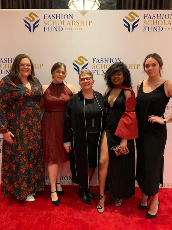 Associate Chair of the Fashion Studies Department Dana Connell stands with her four award winning students, (L to R) Kendall McDermott, Cassidy Hofschulte, Dana Connell, Rhyarna McBride and Andrea Menendez. 