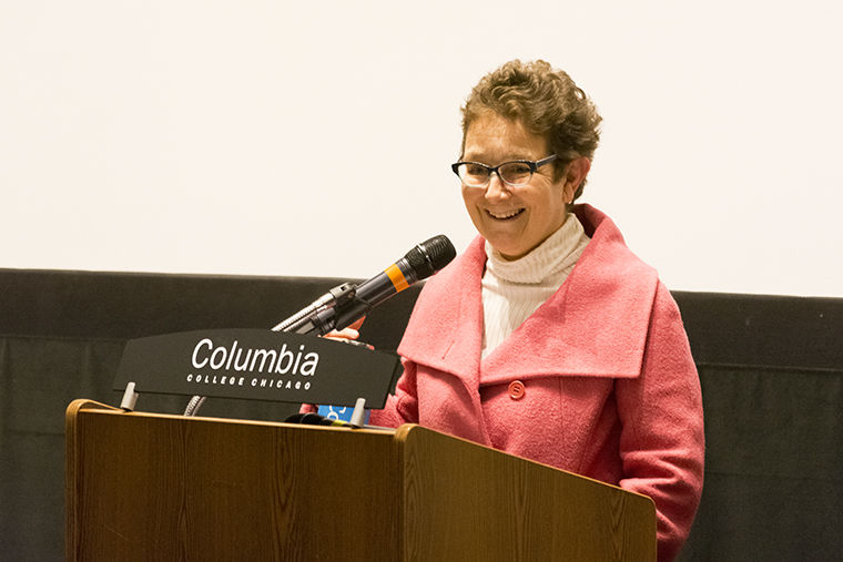 Senior Vice President and Provost candidate Lourdes María Alvarez addressed members of the Columbia College Chicago community Feb. 7 at Film Row Cinema, 1104 S. Wabash Ave.