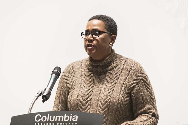 Senior Vice President and Provost candidate Marcella David addressed the Columbia College community during her Feb. 14 presentation at Film Row Cinema, 1104 S. Wabash Ave.