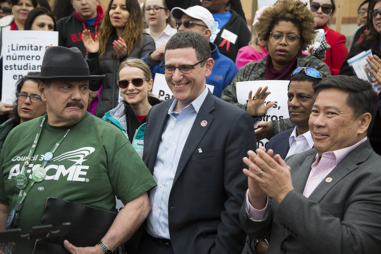 Jesse Sharkey, President of the Chicagos teachers union rallies with City College Chicago workers for a contract to, demand fairness, a livable wage, and the respect they deserve from the CCC administration. April 25.