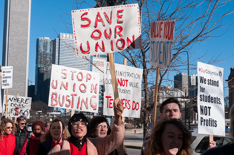 Students and part time faculty protested outside of 600 S. Michigan on day one of a two day strike in December 2017 against the college's decision to raise tuition and unfair contract negotiations. 