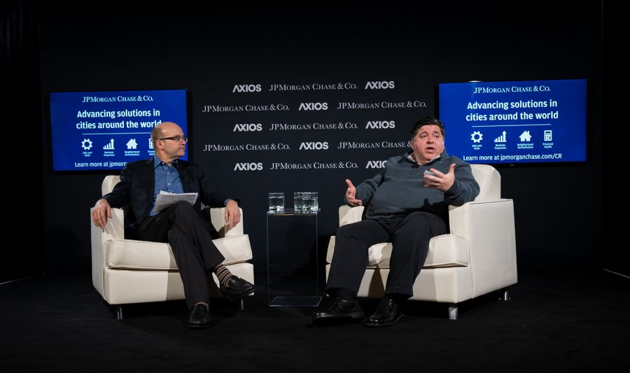 Gov. J.B. Pritzker speaks with Axios Co-Founder Mike Allen during an Oct. 30 panel on criminal justice reform at the 1871 tech incubator. 