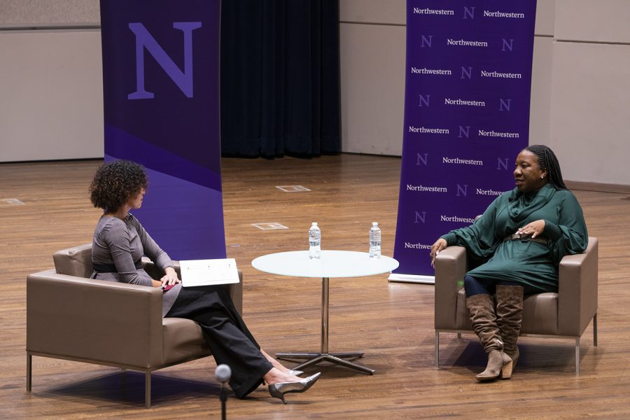 MeToo founder Tarana Burke speaks during a Q&A session at Northwestern's MLK Dream Week event Monday, Jan. 27.