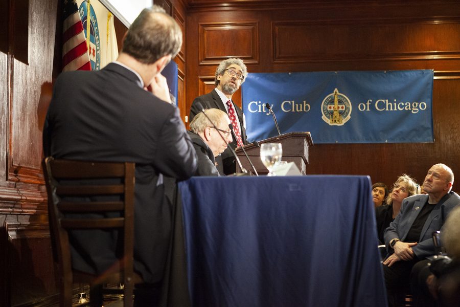 (From left) WBEZ’s Jerome McDonnell; Donald Wuebbles, a professor of atmospheric science at the University of Illinois; and Troy Peters from Audubon speak to the City Club of Chicago about ways to lower the carbon footprint.