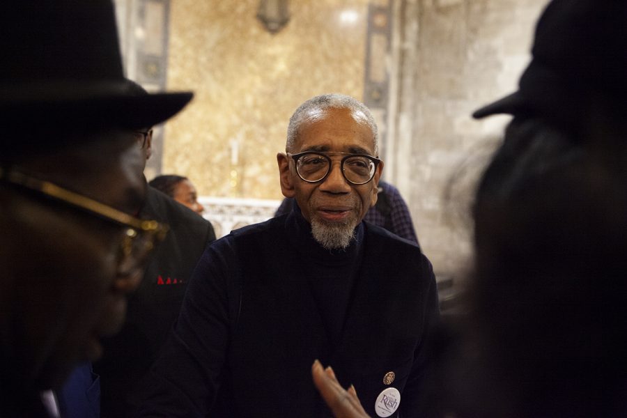 Incumbent Rep. Bobby Rush (D-Ill.) speaks with supporters after the candidate forum for Illinoiss 1st Congressional District, hosted by the First Unitarian Church of Chicago, Thursday, Jan. 23.