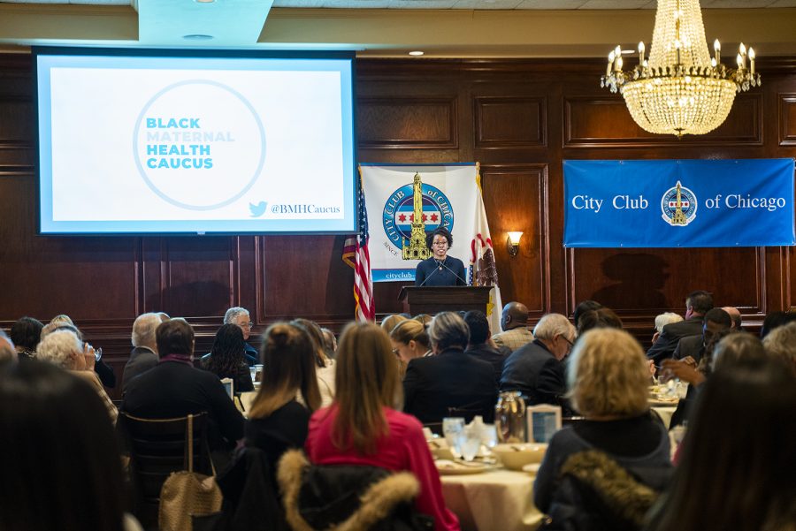 Rep. Lauren Underwood (D-14) speaks at City Club of Chicago, hosted at Maggiano’s, 111 W. Grand Ave., about the motivation behind the Black Maternal Health Caucus, which she helped form.