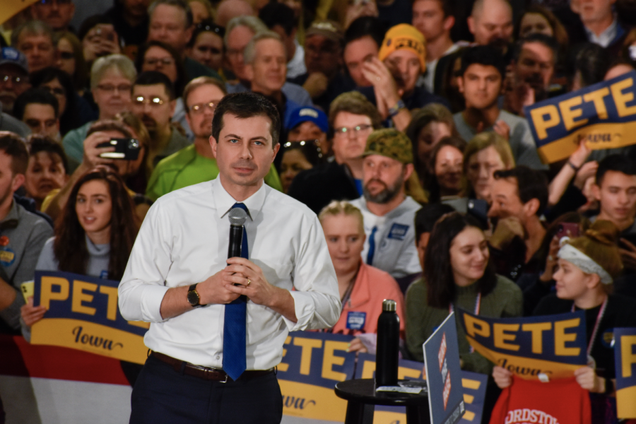 One day before the Iowa Caucus is set to take place, Democratic presidential candidate Pete Buttigieg speaks at Lincoln High School in Des Moines, Iowa, on Feb. 2, 2020. At 38 years old, Buttigieg is the youngest candidate running.