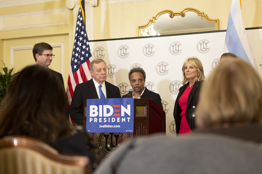 (Right) Jill Biden, wife of former Vice President Joe Biden, joins Mayor Lori Lightfoot (center) and Sen. Dick Durbin (left) as they endorse Joe Biden for president.