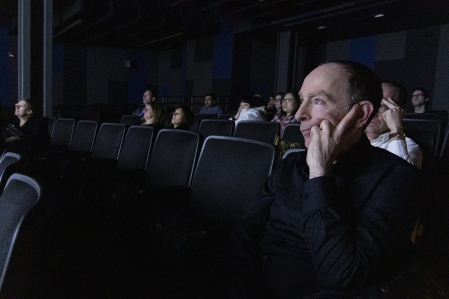 Todd Burbank—a friend of Elio Leturia, an associate professor in the Communication Department— watches Fuentes’ short film “Selfie,” in the audience as part of the Spain On Campus speaker series.