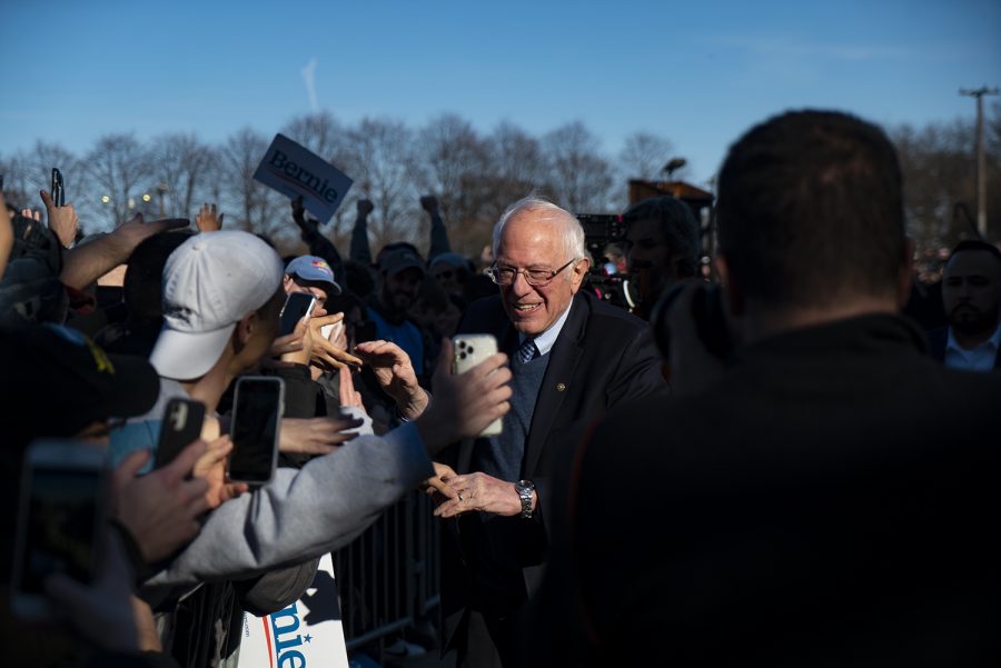Sen. Bernie Sanders (I-Vt.), 2020 Democratic presidential candidate, shakes hands with supporters in Chicago during his Saturday, March 7 rally in Grant Park.