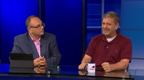 Marco DAngelo, co-founder of WagerTalk (left), and Tony Kiosow, a sports investment and gaming consultant for WagerTalk Media (right), discuss sports in the WagerTalk TV Studios in Las Vegas, Nevada.