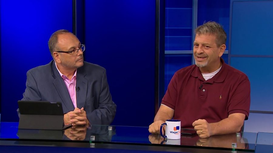 Marco DAngelo, co-founder of WagerTalk (left), and Tony Kiosow, a sports investment and gaming consultant for WagerTalk Media (right), discuss sports in the WagerTalk TV Studios in Las Vegas, Nevada.