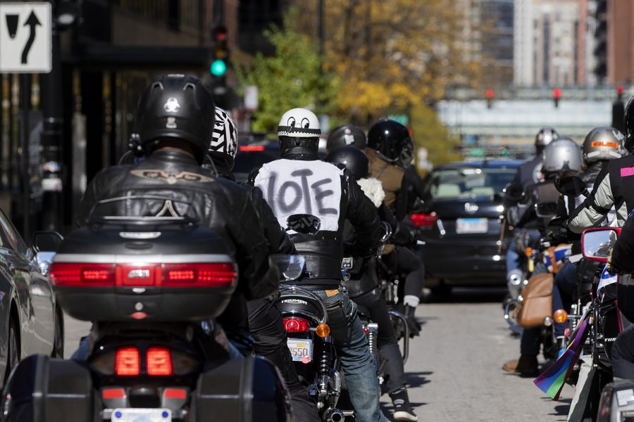 Bikers from Ride to the Polls cruise down Van Buren Street to their first stop at Union Station. 