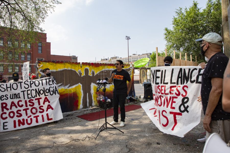 Jose Manuel Almanza giving a speech by Adam Toledo’s memorial in Little Village before marching to Ald. Michael D. Rodriguez’s (22nd Ward) office.