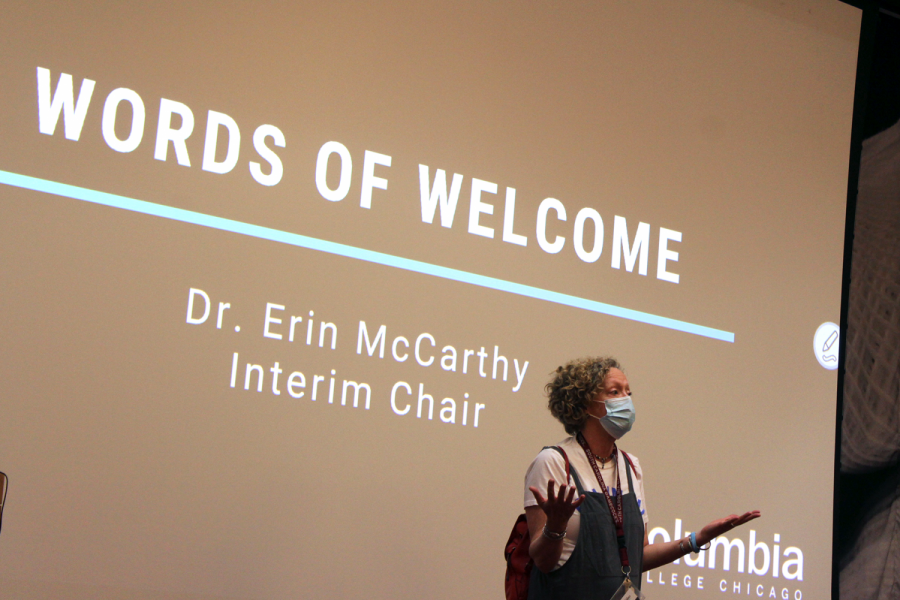 Erin McCarthy, interim chair of the Communication Department, welcomes students to Columbia at the Ferguson Lecture Hall.
